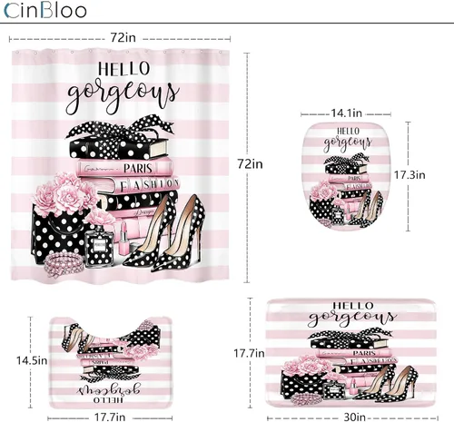 Vista 6 de Juego de cortina de ducha de baño de 4 piezas de perfume de libros de moda A1-rosa Negro Blanco