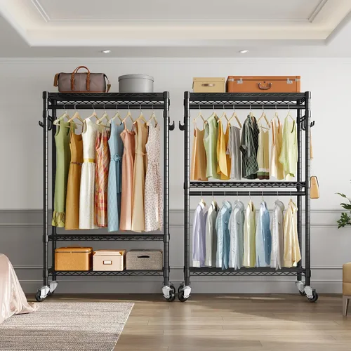 Vista 2 de VIPEK R2 Perchero de ropa resistente para colgar ropa, estante de prendas rodante ajustable con barras dobles y ganchos, armario independiente