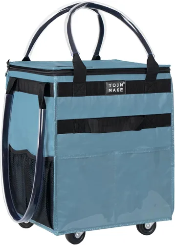 Vista 21 de Bolsa de comestibles reutilizable sobre ruedas, carrito de compras con 8 bolsillos y cubierta con cremallera, bolsa plegable con ruedas, asas