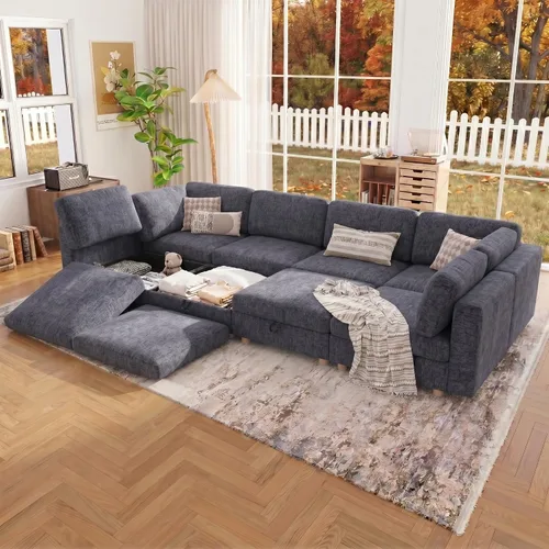 Vista 18 de 95.5" Sofá seccional modular de chenilla con almacenamiento oculto, sofá cama convertible en forma de L y U, sofá seccional moderno de 6 plazas