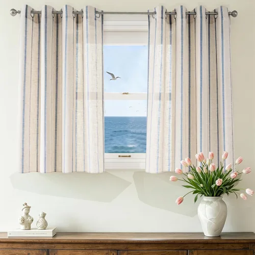 Vista 91 de DriftAway Cortinas de estilo granja con rayas verticales de lino mezclado texturizado con filtro de luz semitransparente para sala de estar