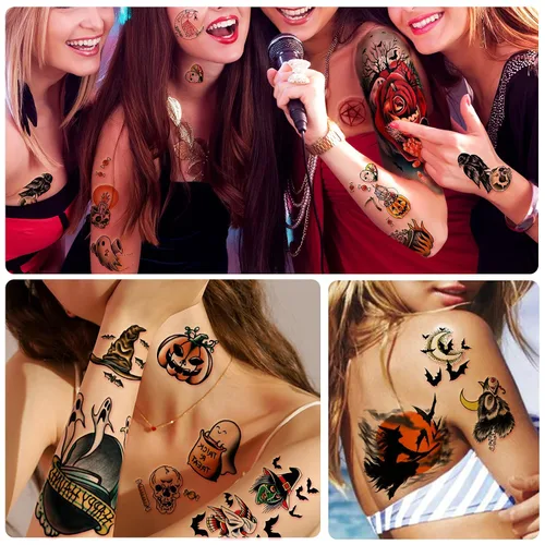 Vista 6 de Yazhiji 40 hojas de tatuajes temporales de Halloween, calabaza, bruja, azúcar, cráneo, tatuajes familiares, para mujeres, hombres, niños y niñas