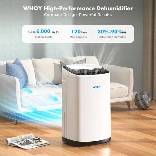 Vista 2 de Deshumidificador WHOY para sótano de 6,000 pies cuadrados, 120 pintas máx. Compresor inteligente, humidistato inteligente, controlado por aplicación