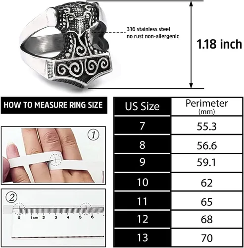 Vista 5 de BAVIPOWER Thors Hammer Mjolnir Viking Anillo para hombres 316L Acero inoxidable nórdico Vikingos Escandinavos Joyería