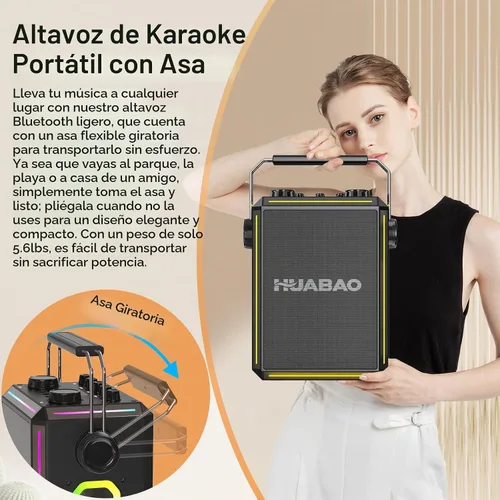 Vista 7 de Altavoz portátil de karaoke Bluetooth con 2 micrófonos inalámbricos, luces RGB, ajuste de agudos y graves, efectos de voz, entrada Negro
