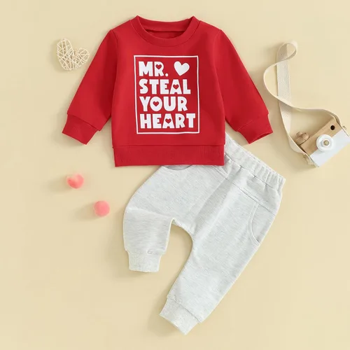 Vista 2 de AEEMCEM Conjunto de sudadera con estampado de letras para el día de San Valentín para bebé, 2 piezas, ropa de San Valentín