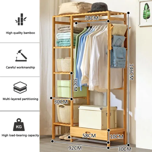 Vista 2 de Multifunctional Bamboo Clothes Rail Stand with Hanging Rod,Sturdy Freestanding Coat,Garment Rack,Open Wardrobe for Bedroom Hallway,Clothing Hanger