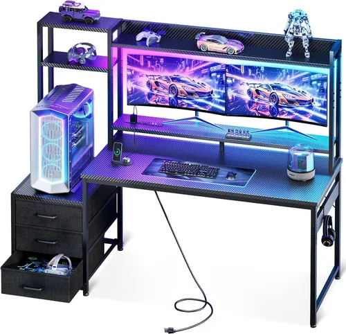 Vista 10 de Casaottima - Escritorio de juegos de 48 pulgadas con alacena y 3 cajones de tela, escritorio para computadora con puertos USB y luces LED, mesa