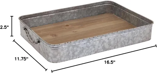 Vista 2 de Boston International Bandeja rectangular Tabla decorativa galvanizada para servir, servicio de bebidas, 16.5 x 11.75 pulgadas, madera y metal
