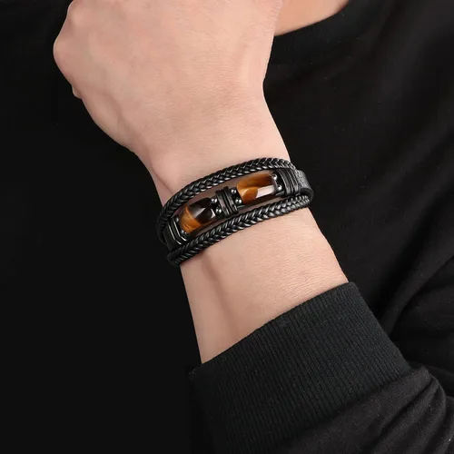 Vista 2 de Pulseras de cuero trenzado negro con ojo de tigre para hombre, hijo, nieto, novio, papá, marido, regalos para hombres, Navidad, cumpleaños, día