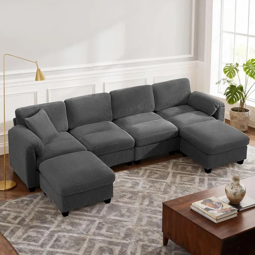 Vista 14 de Sofá modular modular con otomana, sofá de pana de 3 plazas con 2 almohadas, sofá de asiento profundo en forma de L de 88.2 pulgadas con cojín Beige