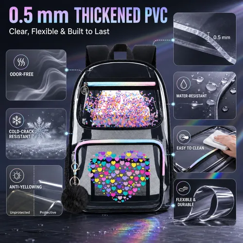 Vista 3 de AGSDON Mochila transparente, resistente bolsa transparente para libros, mochilas de PVC transparente para mujeres y hombres 17 negro transparente