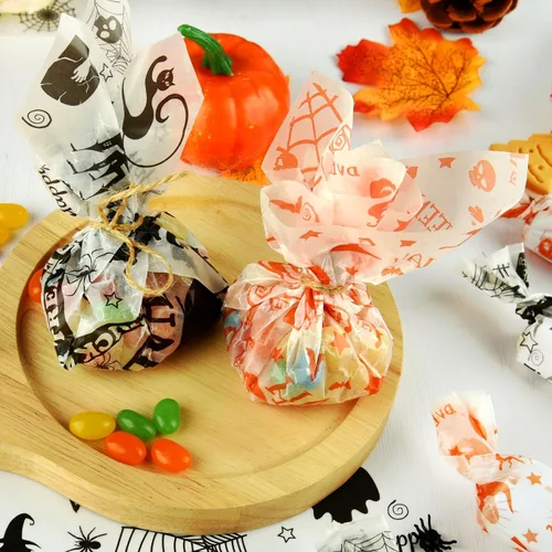 Vista 7 de ASTARON 100 hojas de papel de cera de Halloween para envolver alimentos, envolver dulces, galletas, sándwiches, forro para cesta de comida frita