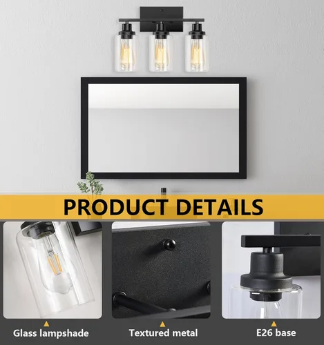 Vista 3 de Lámparas de baño, 3 luces, lámpara de tocador negra con pantalla de vidrio transparente, lámpara de pared moderna con marco de metal, lámparas