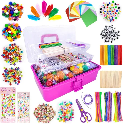 Vista 9 de kortes Suministros de arte y manualidades jumbo para niños, juego de suministros de arte de bricolaje incluye limpiapipas, pompones, plumas, caja