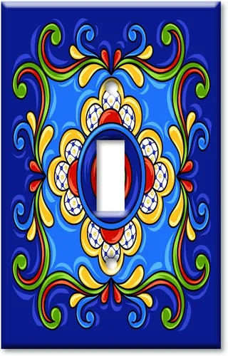 Vista 8 de Art Plates - Placa decorativa para interruptor de luz - Placa decorativa de pared de metal - 1 banda en blanco - Azulejo talavera mexicano azul