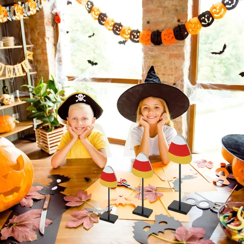 Vista 6 de 3 piezas de decoración de mesa de pie para Halloween, bandeja escalonada de madera, decoración de mesa de murciélagos y maíz, centro de mesa, juego