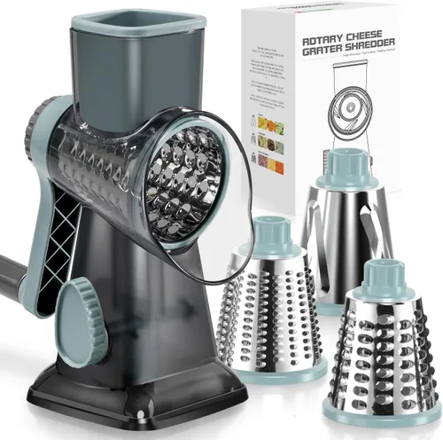 Vista 7 de Badelite Rallador de Queso con Manivela Giratoria Rallador de Queso de Acero Inoxidable Rebanadora de Verduras Rallador para Cocina 3 Cuchillas