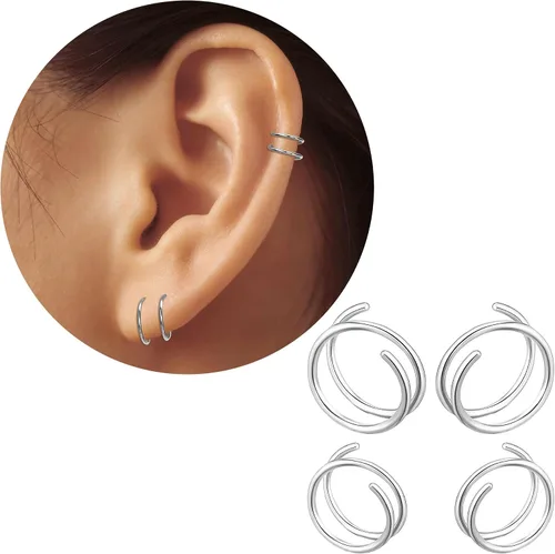 Vista 16 de 2 Pairs Double Hoop Earrings, Gold Cartilage Earrings for Women, Small Silver Helix Piercing Jewelry,Spiral Nose Ring Tiny Twist Earrings as Gift