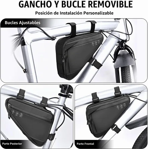 Vista 6 de Bolsa de almacenamiento para cuadro de bicicleta WOTOW, bolsa triangular reflectante resistente al agua con dos bolsillos laterales, bolsa