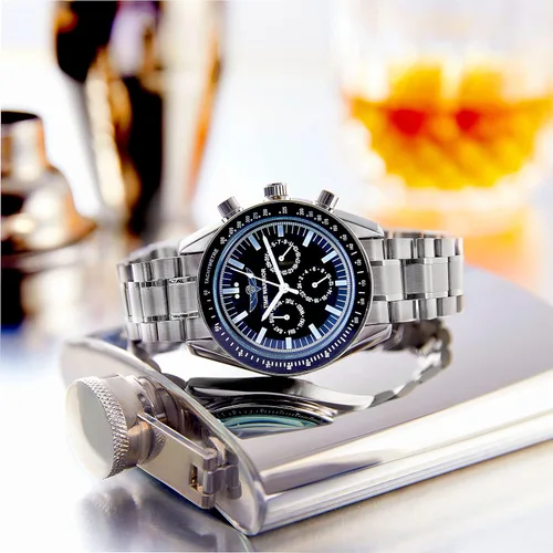 Vista 2 de TIME WARRIOR Reloj de diseño de relojes para hombre, acero inoxidable, cronógrafo impermeable, movimiento automático, Oro, Cronógrafo