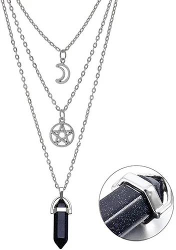 Vista 7 de MJartoria Collar de pentagrama de luna collar de chakra de cristal colgante con dije cadena de aleación multicapa conjunto de gargantilla joyería