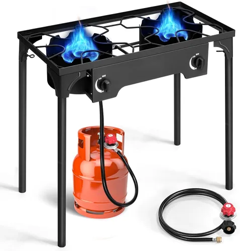 Vista 8 de Outvita Estufa de camping de gas portátil de 75,000 BTU, quemador de propano para exteriores con regulador de 20 psi, cocinilla individual de alta