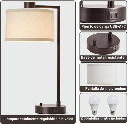 Vista 2 de Luvkczc Lámpara de Mesa para Dormitorio Juego de 2 con Puertos USB C+A - Lámpara de Noche Totalmente Regulable Sin Escalones con Pantalla de Lino