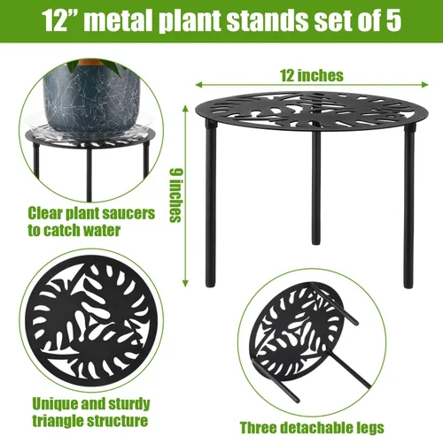 Vista 3 de Paquete de 5 soportes de metal resistente de 12 pulgadas para macetas grandes para interiores y exteriores, soporte para macetas de hierro a prueba