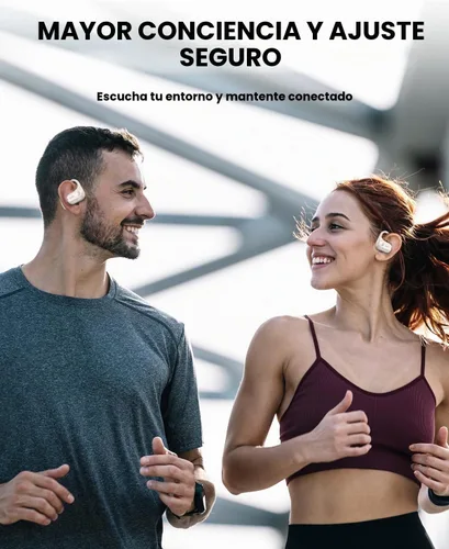 Vista 4 de Auriculares de oreja abierta, auriculares inalámbricos Bluetooth 5.3 con conducción de aire, ajuste cómodo y seguro, graves potentes, llamadas Beige