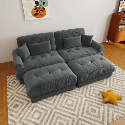 Vista 91 de Sofá modular de gran tamaño de 94 pulgadas, sofás seccionales grandes de color beige y blanco para sala de estar, juego de sofá de terciopelo, sofás