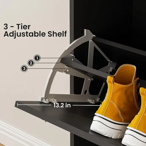 Vista 7 de Anystyle Armario de almacenamiento de zapatos negros para zapatos grandes, organizador de puertas abatibles ajustable de 3 niveles, gabinete