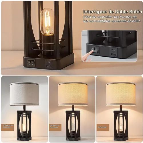 Vista 2 de SRJJA Juego de 2 lámparas de mesa de granja para sala de estar, lámparas rústicas de mesita de noche con puertos de carga USB A+C, lámpara de noche