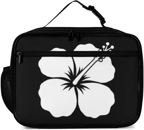 Vista 2 de Lonchera reutilizable con diseño de flores de hibisco blanco, bolsa de almuerzo aislada, lonchera para comida y alimentos, bolsa de mano