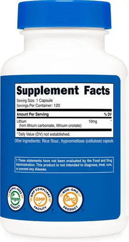 Vista 4 de Nutricost Orotato de litio (10 mg) 120 cápsulas, suplemento de litio vegano
