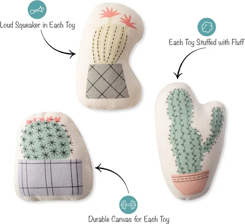 Vista 3 de Fringe Studio - Juego de 3 juguetes de felpa para perros pequeños, con lona de algodón duradero, diseño de cactus en maceta, colección PetShop