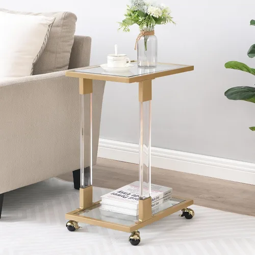 Vista 5 de Mesa auxiliar móvil de vidrio transparente con marco acrílico, moderna mesa auxiliar de sofá en forma de C con ruedas, mesa de aperitivos