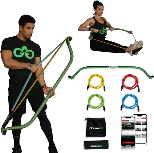 Vista 10 de Gorilla Bow Original All-in-One Portable Home Gym System, Professional-Grade Resistance Band Bar for Strength Training, HIIT & Full Body Workouts