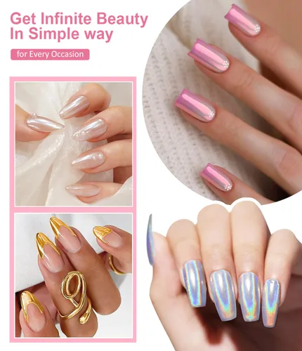 Vista 2 de Polvo de uñas cromado dorado LEDSUUEI Super Mirror Nail Glitter, polvo de metal Holo cromo para uñas, pigmento blanco aurora, dona vidriosa perla