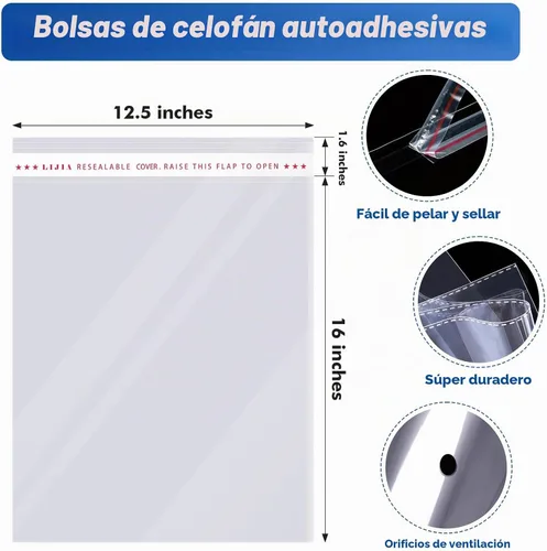 Vista 4 de Bolsas de celofán resellables grandes, 12.0 x 16.0 in, bolsas de plástico transparente autosellables, bolsas de plástico selladas, a granel