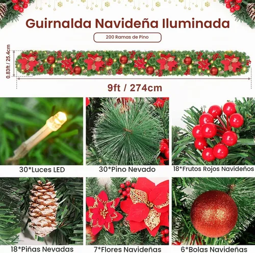 Vista 2 de Guirnalda de Navidad con Luces, Guirnalda Iluminada de Navidad de 2.74 m con 30 LED, Guirnalda Preiluminada Operada con Pilas, Guirnalda de Navidad