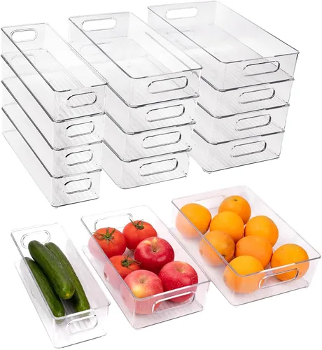 Vista 10 de Paquete de 6 cubos organizadores de refrigerador, 3 tamaños, apilables, transparentes, con asas, para refrigerador, congelador, estantes, cajón