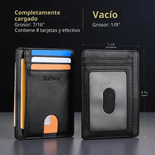 Vista 5 de Buffway - Carteras de cuero delgadas minimalistas con bolsillo frontal y bloqueo RFID para hombres y mujeres, negro (Alaska Black), Minimalista