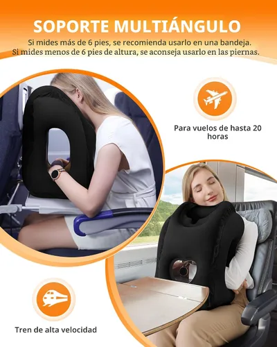 Vista 4 de Sunany Almohada de viaje, almohada inflable para el cuello utilizada para aviones/coches/autobuses/trenes/siesta de oficina con máscara de Negro