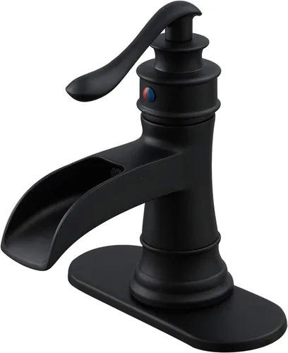 Vista 2 de BWE grifo de baño negro cascada sola manija solo agujero grifo de lavabo con línea de suministro paquete de drenaje desplegable con desbordamiento