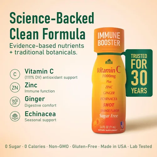 Vista 2 de ALFA VITAMINS Disparo de vitamina C de 1000 mg con zinc, jengibre y equinácea - Apoya la salud inmunológica y el bienestar diario - Sabor naranja