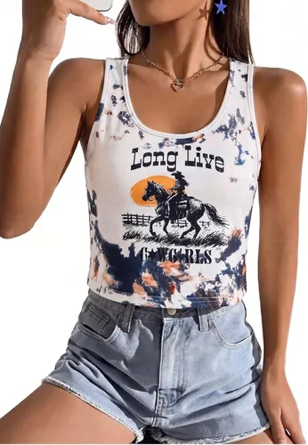Vista 15 de Camisetas sin mangas de vaquera occidental para mujer, camisetas de música #02 Negro