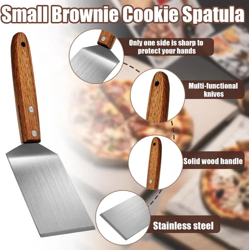 Vista 4 de Murtenze Paquete de 4 espátulas pequeñas para galletas de brownie, espátula de acero inoxidable, mango de madera resistente para hornear/chefs
