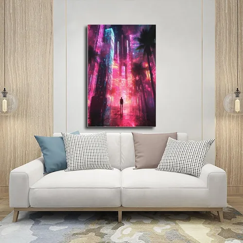 Vista 5 de Vaporwave Aesthetic Poster – Cyberpunk Retro Art Print with Neon City And Palm Trees Decor Poster Print Decorative Painting Canvas Wall Art Living