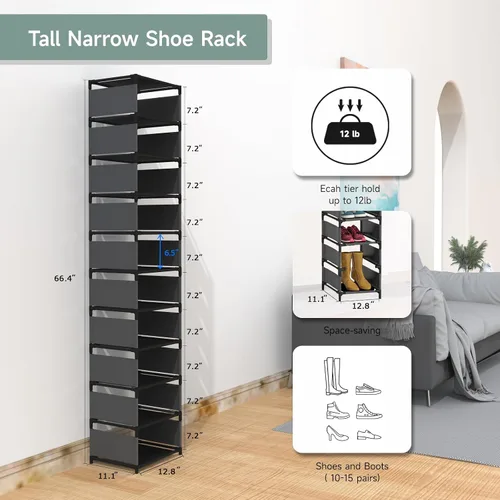 Vista 3 de Zapatero vertical estrecho y alto para entrada de puerta frontal, organizador de zapatos de metal resistente de 10 niveles para armario y entrada